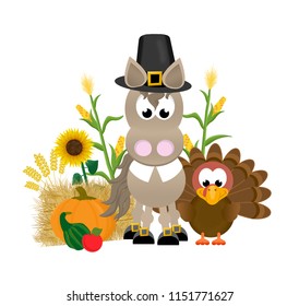Cartoon horse celebrating thanksgiving,  wearing a pilgrim's hat and collar, with buckles on it's hooves, standing next to a turkey, pumpkin, gourd, apple, corn, hay bale and sunflowers.
