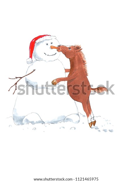 雪だるまの人参の鼻を引き出す漫画の馬 手描きの水彩絵のおかしな動物イラスト カード グリーティングカード ポスター 子ども向けのイラストや デコレーションに最適 のイラスト素材