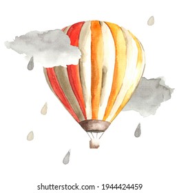 Cartoon hot air balloon orange stripes design and backet in the clouds   rain  Fly in the sky watercolor hand painted illustration  Rainy day weather composition isolated white background 