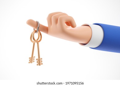 Cartoon human hand in blue suit hold gold key isolated over white background. Real estate concept. 3d render illustration.