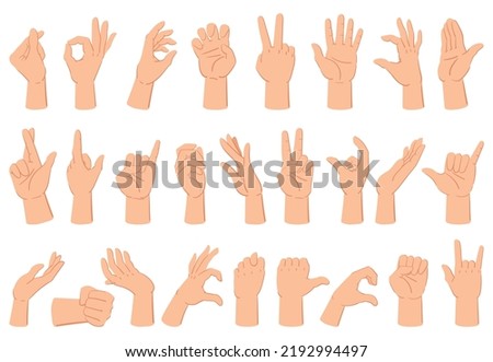 Cartoon human hand expression gestures, counting fingers and thumb up. Hand gestures, human arm palm gesture communication  illustration set. Human hand gestures different