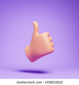 Cartoon human hand with thumb over purple background. Concept of like at social network, success or good feedback. 3d render illustration