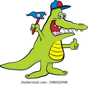 Cartoon Illustration Of An Alligator Wearing A Baseball Cap And Holding A Pennant.