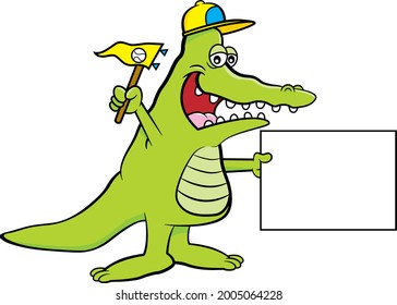 Cartoon Illustration Of An Alligator Wearing A Baseball Cap And Holding A Pennant And A Sign.