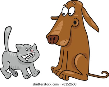 Cartoon Illustration Of Angry Kitten And Startled Dog