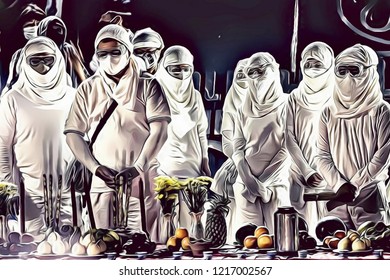 Cartoon Illustration Of Apocalyptic Scene With People Wearing White Uniform And Mask, Apocalyptic High Mass Celebration Concept, Religious Cult