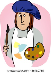 Cartoon Illustration Of An Artist Wearing A Smock