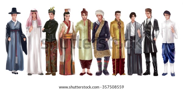 アジアの男性が伝統的 宗教的 民族衣装のファッション服セットを着た アジアの男性の漫画イラストは 各国の芸術と文化を友好的 世界平和のコンセプトで表現したものです のイラスト素材