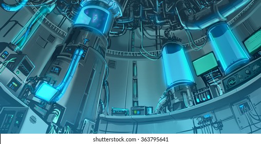 Cartoon illustration banckground scene of massive science laboratory in futuristic and sci-fi fantasy interior layout 