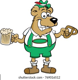 Cartoon Illustration Of A Bear Holding A Beer Mug And A Pretzel.