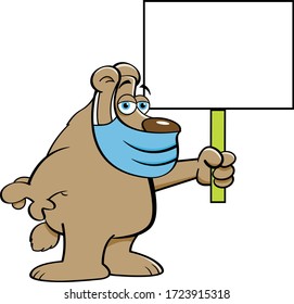 Cartoon Illustration Of A Bear Wearing A Protective Mask While Holding A Sign.