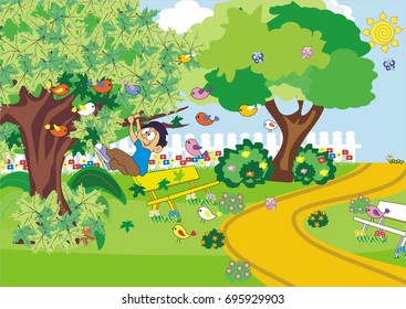 Cartoon illustration of a boy swinging on a tree and the angry birds rushing to save their home - Shutterstock ID 695929903