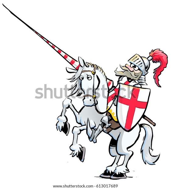 輝く武具を身に着け 白馬に乗り 槍を持ち歩く勇敢な老騎士聖ジョージの漫画のイラスト 聖ジョージはイギリスの守護聖人で 盾に赤十字架を持っている のイラスト素材