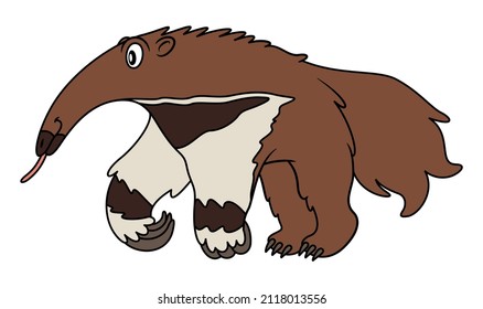 Cartoon Illustration Of Brown Giant Anteater Standing On His Feet And Showing Long Tongue. Image For Child Books And Kids Education Material With Exotic Wild Animals. White Background. Friendly Look.