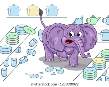 Cartoon Illustration Of A Clumsy Elephant In A China Shop. On White Background