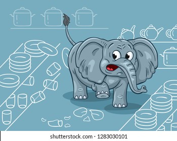 Cartoon Illustration Of A Clumsy Elephant In A China Shop