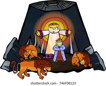 Cartoon illustration of Daniel in the lions den, being delivered by an angel from the mouths of the beasts.