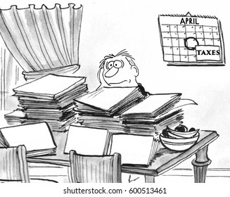 Cartoon illustration of a disgruntled, frustrated man trying to do his taxes. 