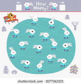 Cartoon Illustration Of Education Counting Game For Preschool Children How Many Bunnies Are Skating On The Ice Rink