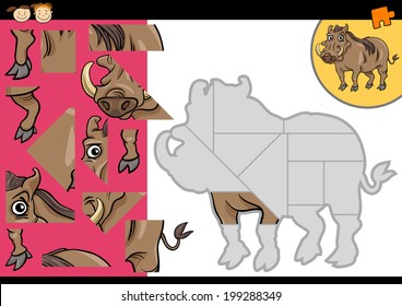 Cartoon Illustration of Education Jigsaw Puzzle Game for Preschool Children with Funny Warthog Animal Character