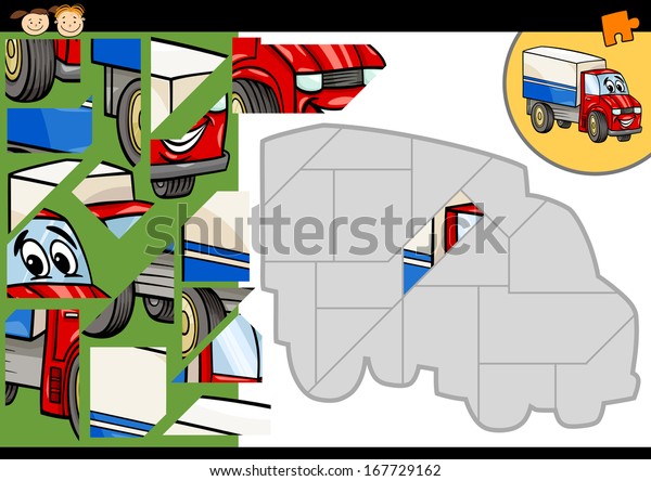 Cartoon Illustration\
of Education Jigsaw Puzzle Game for Preschool Children with Funny\
Truck Vehicle\
Character