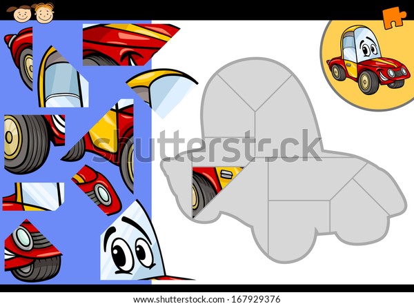 Cartoon Illustration of\
Education Jigsaw Puzzle Game for Preschool Children with Funny Car\
Vehicle\
Character