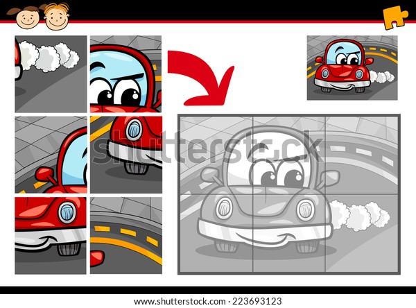 Cartoon Illustration of Education Jigsaw\
Puzzle Game for Preschool Children with Funny\
Car