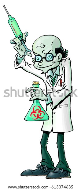 Cartoon illustration of an evil mad scientist, with a large, nasty