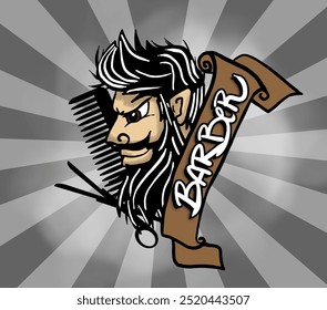 Cartoon illustration featuring a smiling bearded man with barber tools and a banner - Powered by Shutterstock