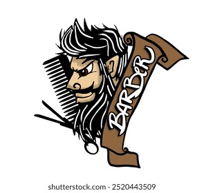 Cartoon illustration featuring a smiling bearded man with barber tools and a banner - Powered by Shutterstock