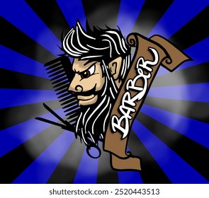 Cartoon illustration featuring a smiling bearded man with barber tools and a banner - Powered by Shutterstock