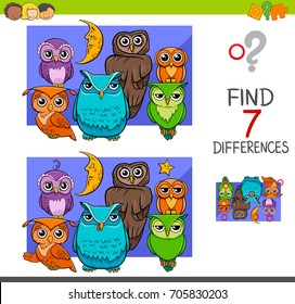 Cartoon Illustration of Find the Differences Educational Activity Game for Children with Owls Animal Characters Group