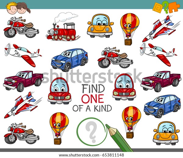 Cartoon\
Illustration of Find One of a Kind Educational Activity for\
Children with Transportation Vehicle\
Characters