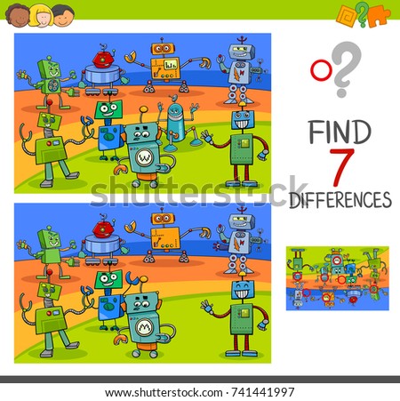 Cartoon Illustration of Finding Differences Between Pictures Educational Activity Game for Kids with Funny Robot Characters Group