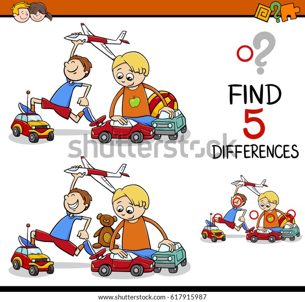 Cartoon Illustration of Finding Differences\
Educational Activity for Preschool Children with Boys Playing Cars\
and Plane