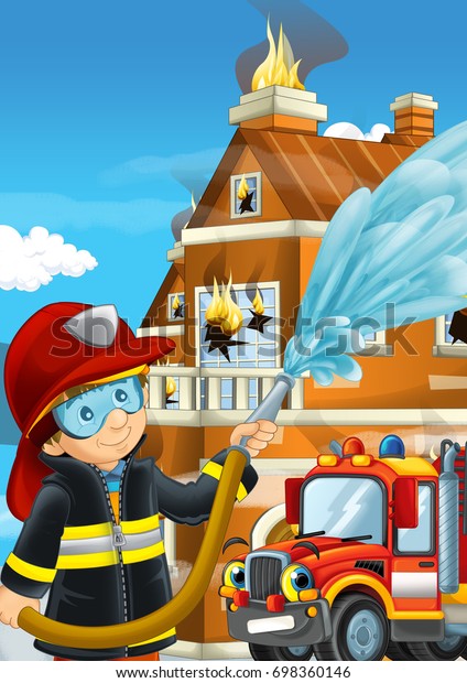 Cartoon Illustration Fire Fighter Car Work Stock Illustration 698360146