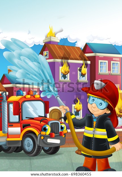 cartoon illustration with fire fighter and car at\
work putting out the\
fire