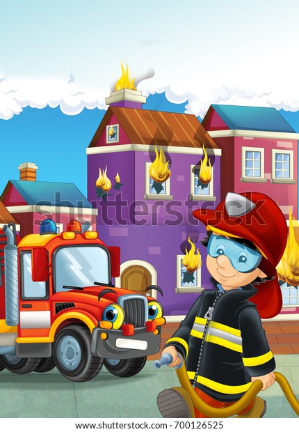 cartoon illustration with fire fighter and car at\
work putting out the\
fire