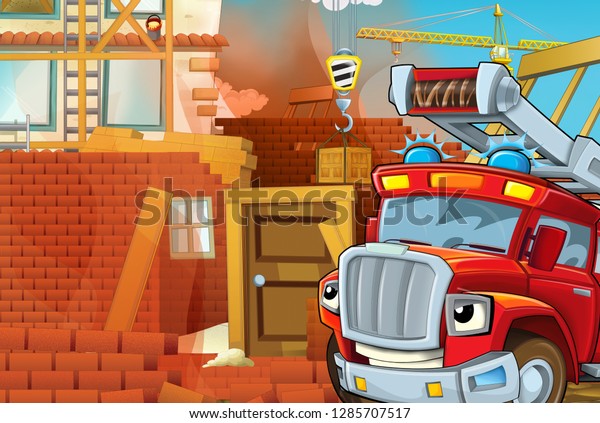 cartoon\
illustration with fire fighter truck at work helping on accident on\
construction site - illustration for\
children