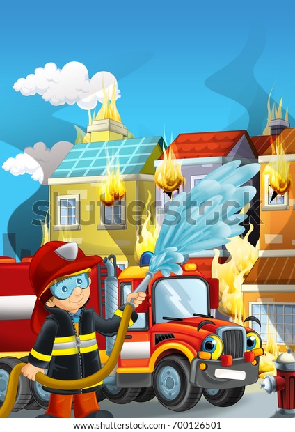 cartoon illustration with fire fighter and truck at\
work putting out the\
fire