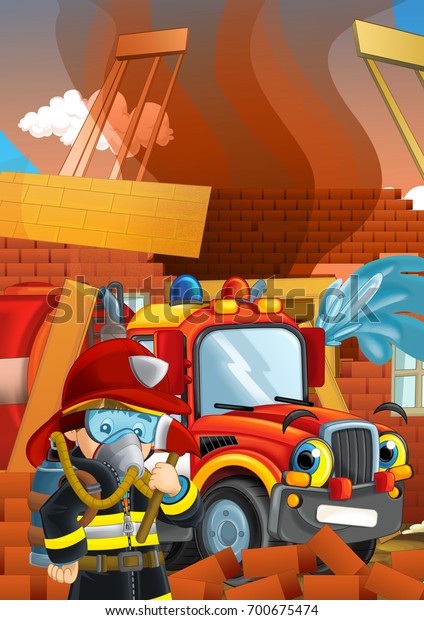 cartoon illustration with fire fighter and truck at\
work putting out the\
fire