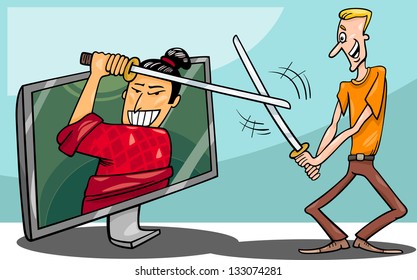 Cartoon Illustration Of Funny Man Fighting With Samurai Or Watching Interactive Digital Television Or Playing Video Game