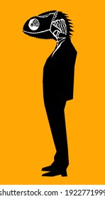 Cartoon Illustration Of Funny Man With Reptile Head Dressed Up In Black Suit