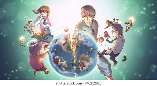 A Cartoon Illustration Of A Great Powerful Asian Man Or Super Hero God Smashing The Earth Into Pieces With Earthling People Reborn Into Angels In Destructive Hero God Concept