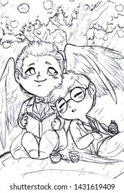 Cartoon illustration guardian angel protecting and his wing sleeping boy while holding book