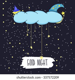 Cartoon Illustration Of Hand Drawing Of A Smiling Moon And The Stars Wishing Good Night In The Starry Sky. Illustration