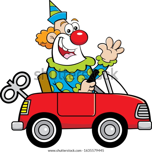Cartoon illustration of a happy clown driving a\
toy car while\
waving.