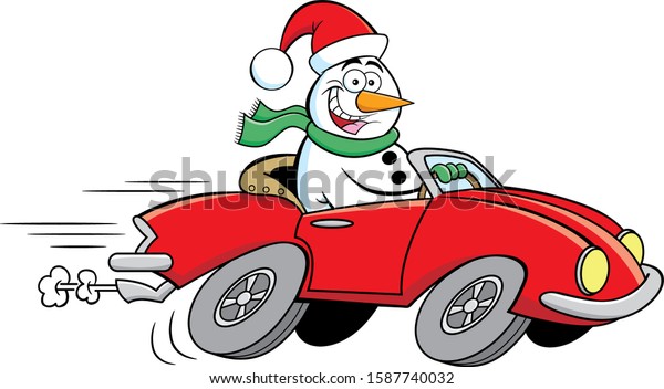 Cartoon illustration of a happy snowman driving a
sports car.
