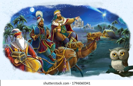 cartoon illustration of the holy family and three kings - traditional scene - illustration for the children