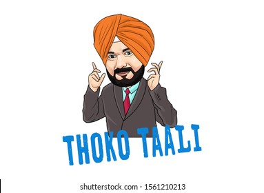 Cartoon Illustration Of Indian Punjabi Man. Lettering Text Thoko Taali Hindi Translation- Do Clapping. Isolated On White Background.